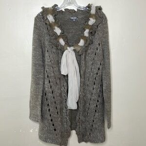 ROZ & ALI Cardigan Sweater Brown & Cream Duster WOOL Blend Fake Fur Collar Med